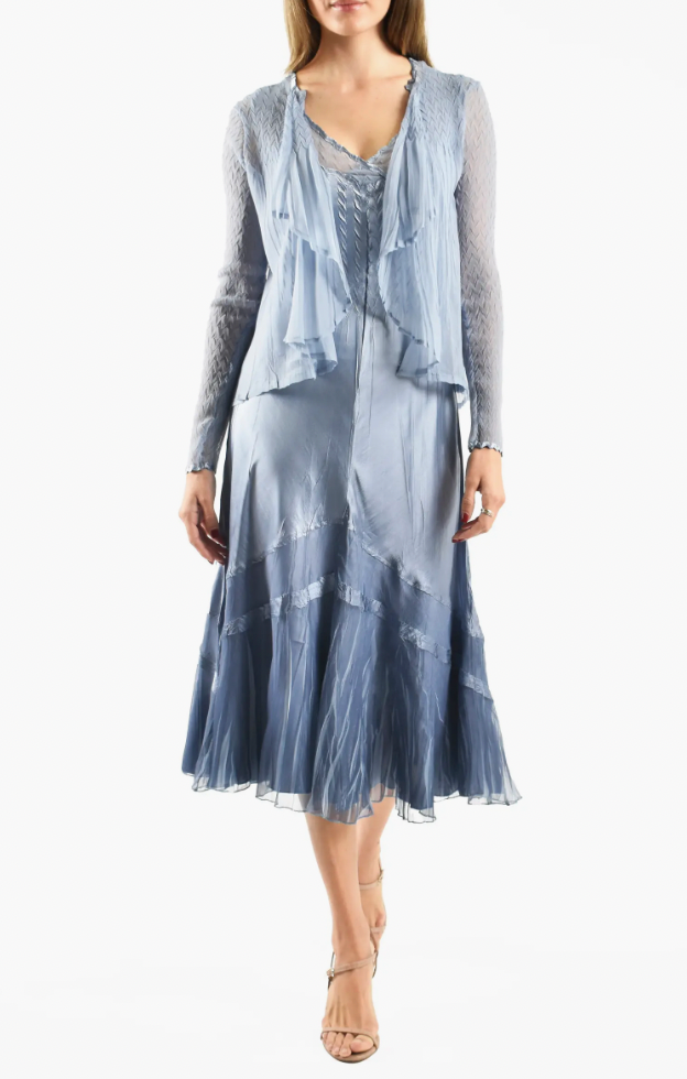 Komarov Tiered Charmeuse & Chiffon Cocktail Dress with Jacket in Persian Violet Blue Ombre at Nordstrom, Size Small