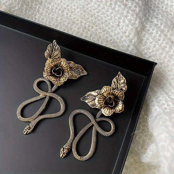 Gold Plated Flower & Snake Stud Earrings