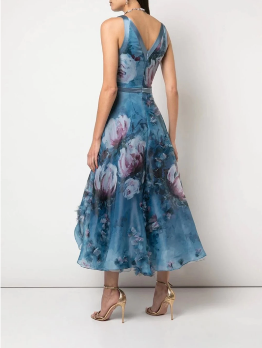 Marchesa Notte V Neck 3D Floral Print Dress in Blue Green Eyed Daisy