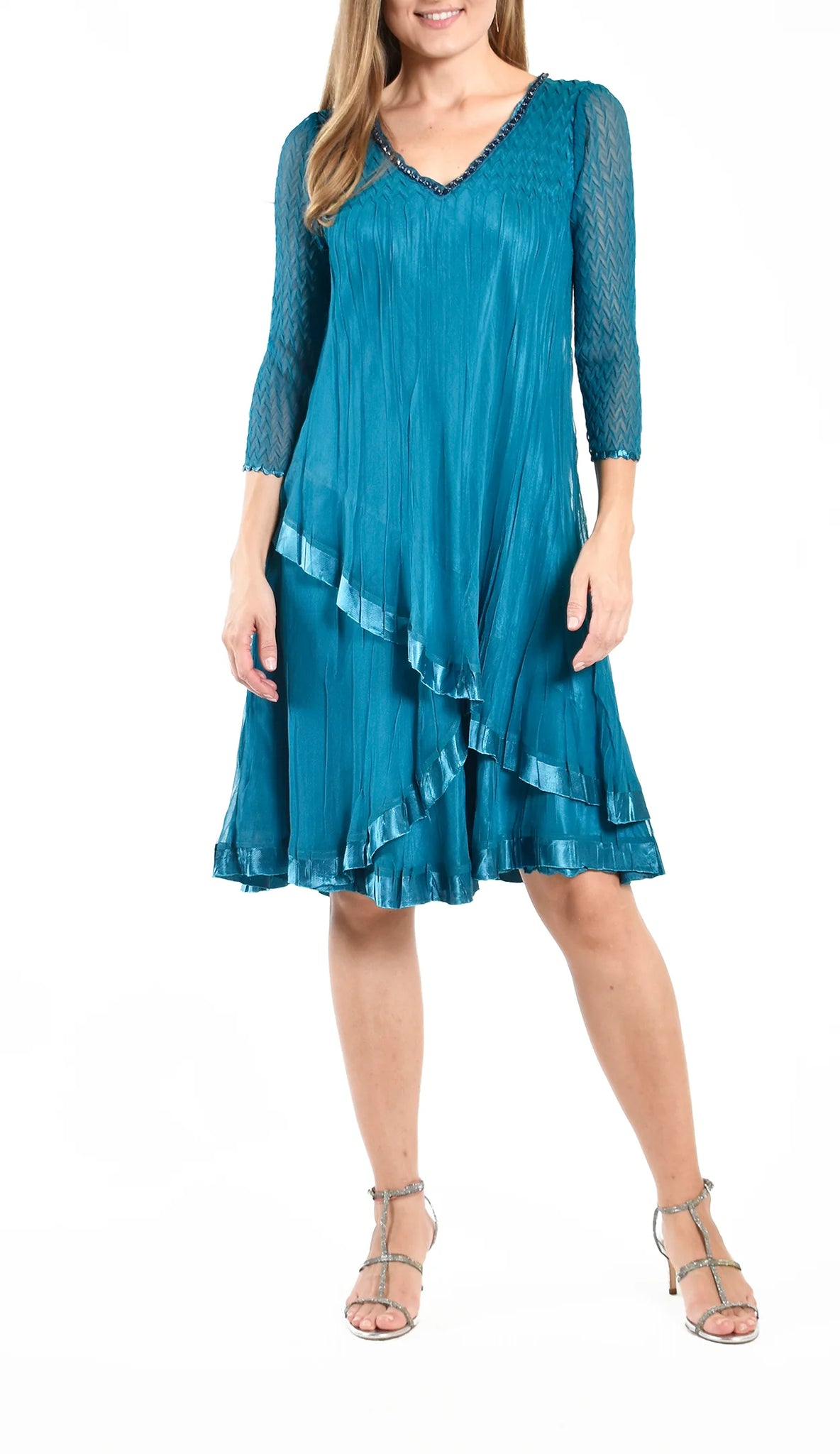 komarov dresses Ruffle Long Dress pleated crossover bodice releases to a fluid crinkled skirt Komarov Tiered Three-Quarter Sleeve Chiffon