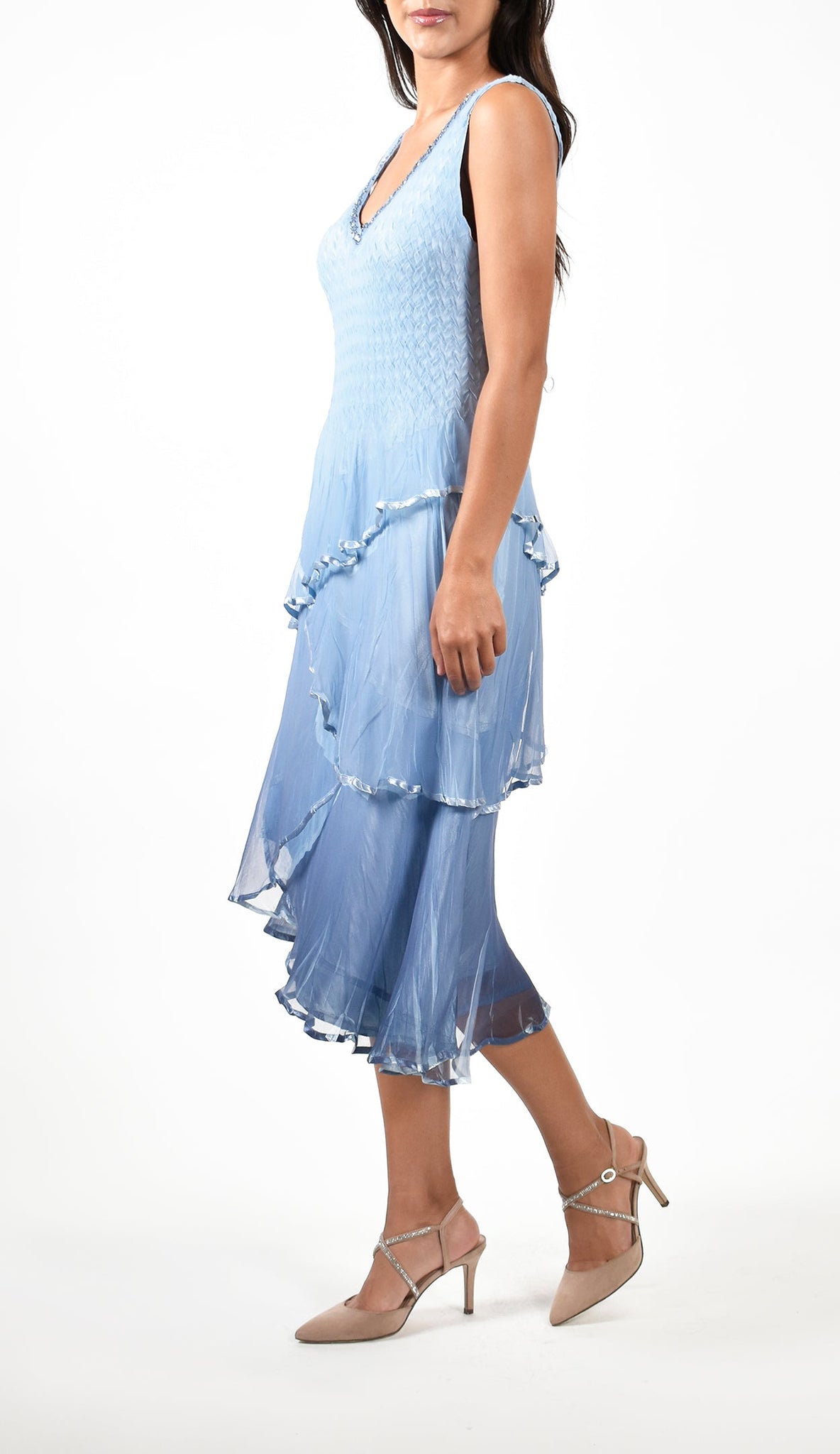 komarov a line dress Lace Sleeve Watercolor Dress, Turquoise