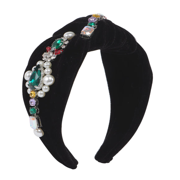 Black Velvet Big Pearl Crystal Top Knot Headband