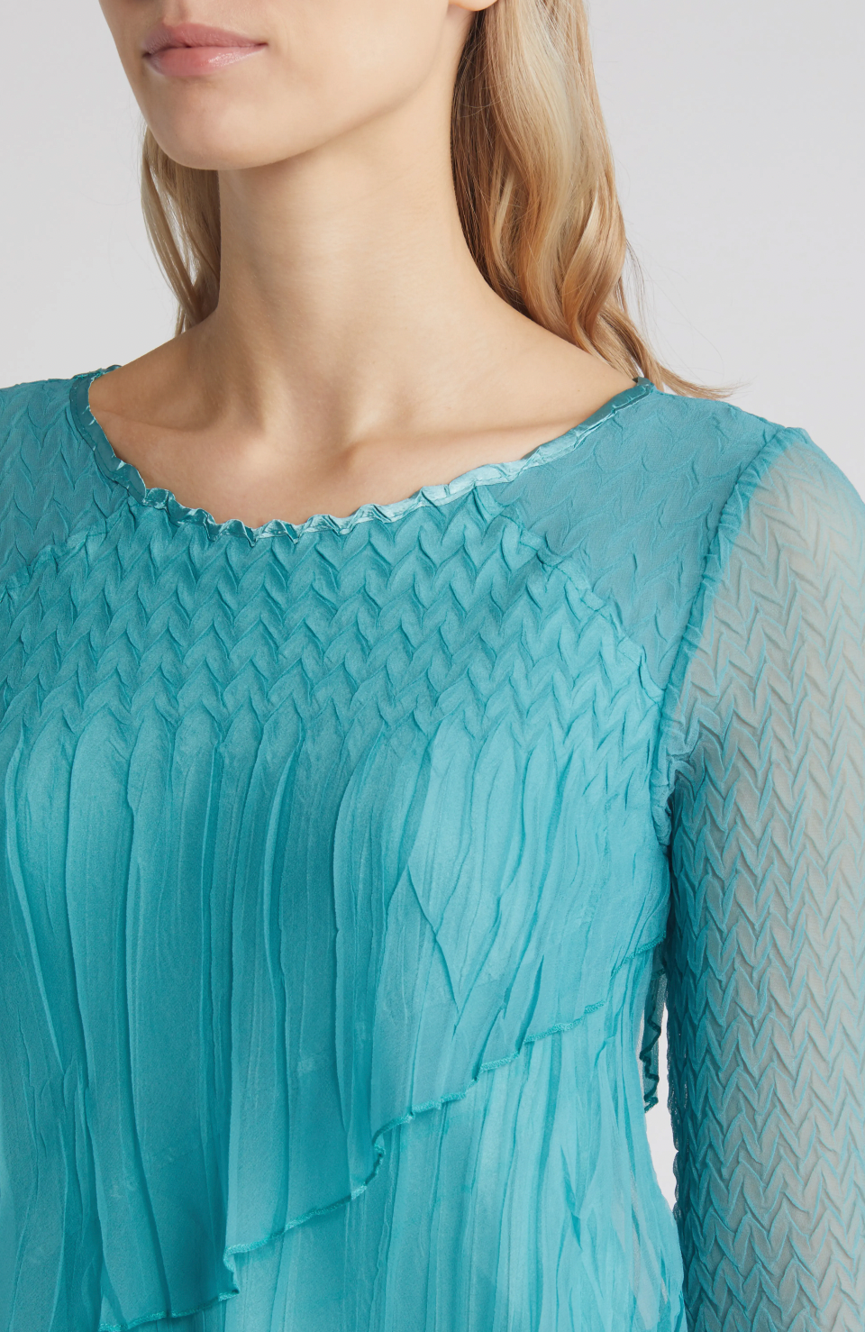 Komarov Chiffon Charmeuse Round Neck Sleeveless Pleated Asymmetrical Ruffle Tiered Dress, Womens, XS, Marine Glass