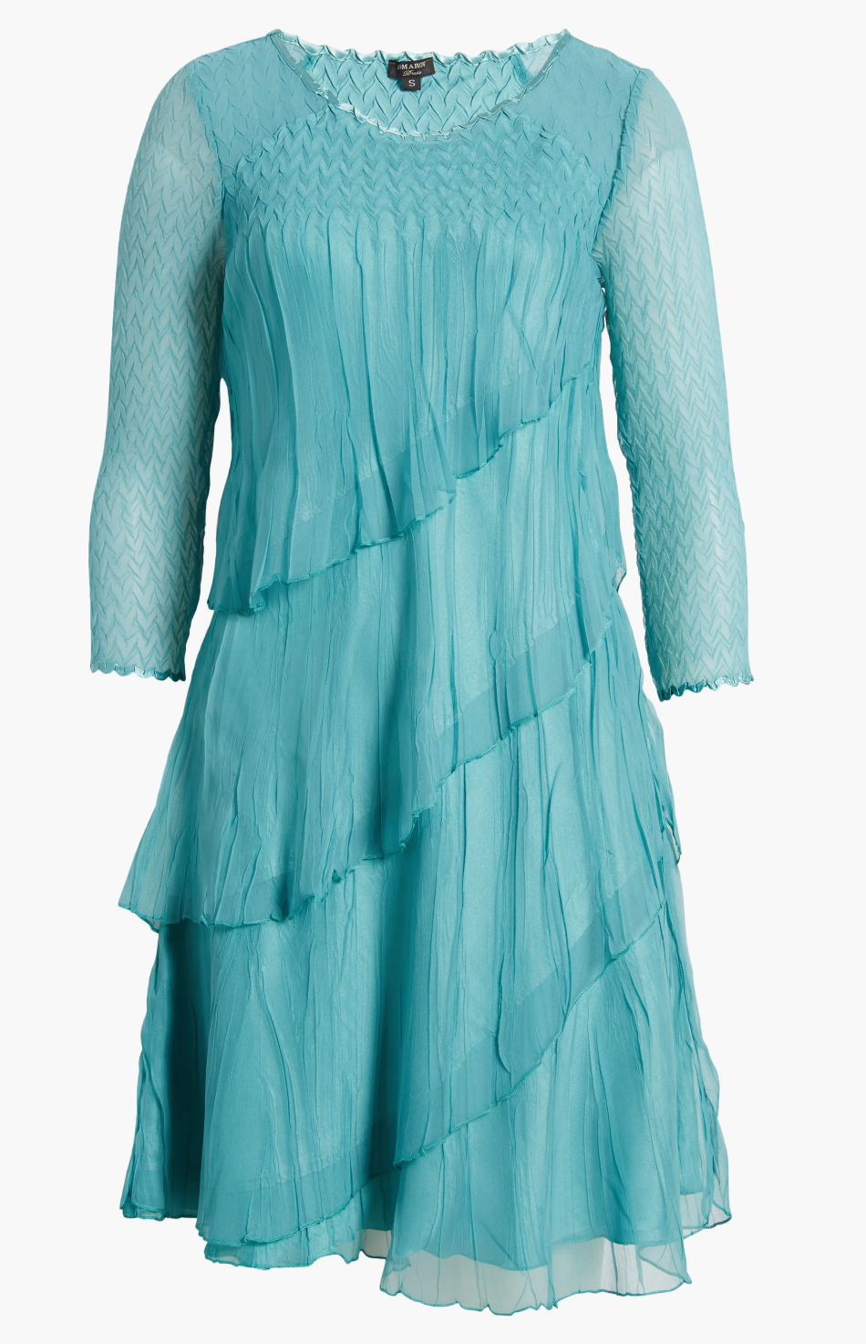 komarov dresses Komarov Chiffon Charmeuse Round Neck Sleeveless Pleated Asymmetrical Ruffle Tiered Dress, Womens, XS, Marine Glass