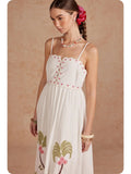 Strut & Bolt Embroidered Palm & Floral Scalloped Midi Dress