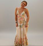Milio Milano Watercolor Peony Print Tiered Maxi Dress