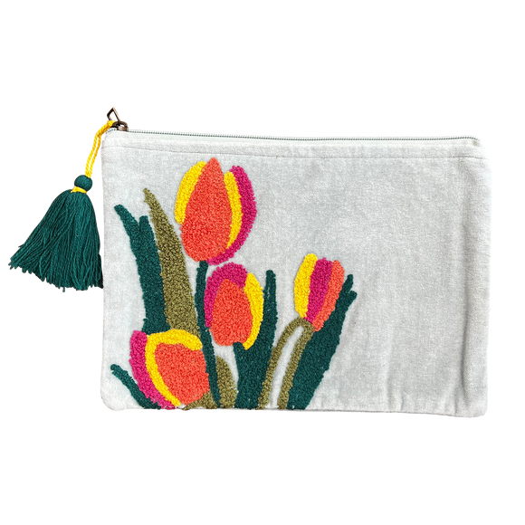 Chloe & Lex Embroidered Puffy Tulips on Pale Blue Pouch