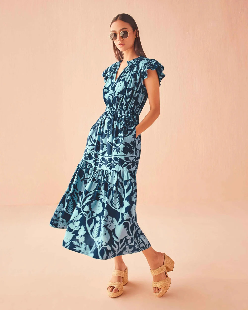 willa midi dress SUGARLIPS Women's Willa Floral Dina Pleated Midi Dress - Blue