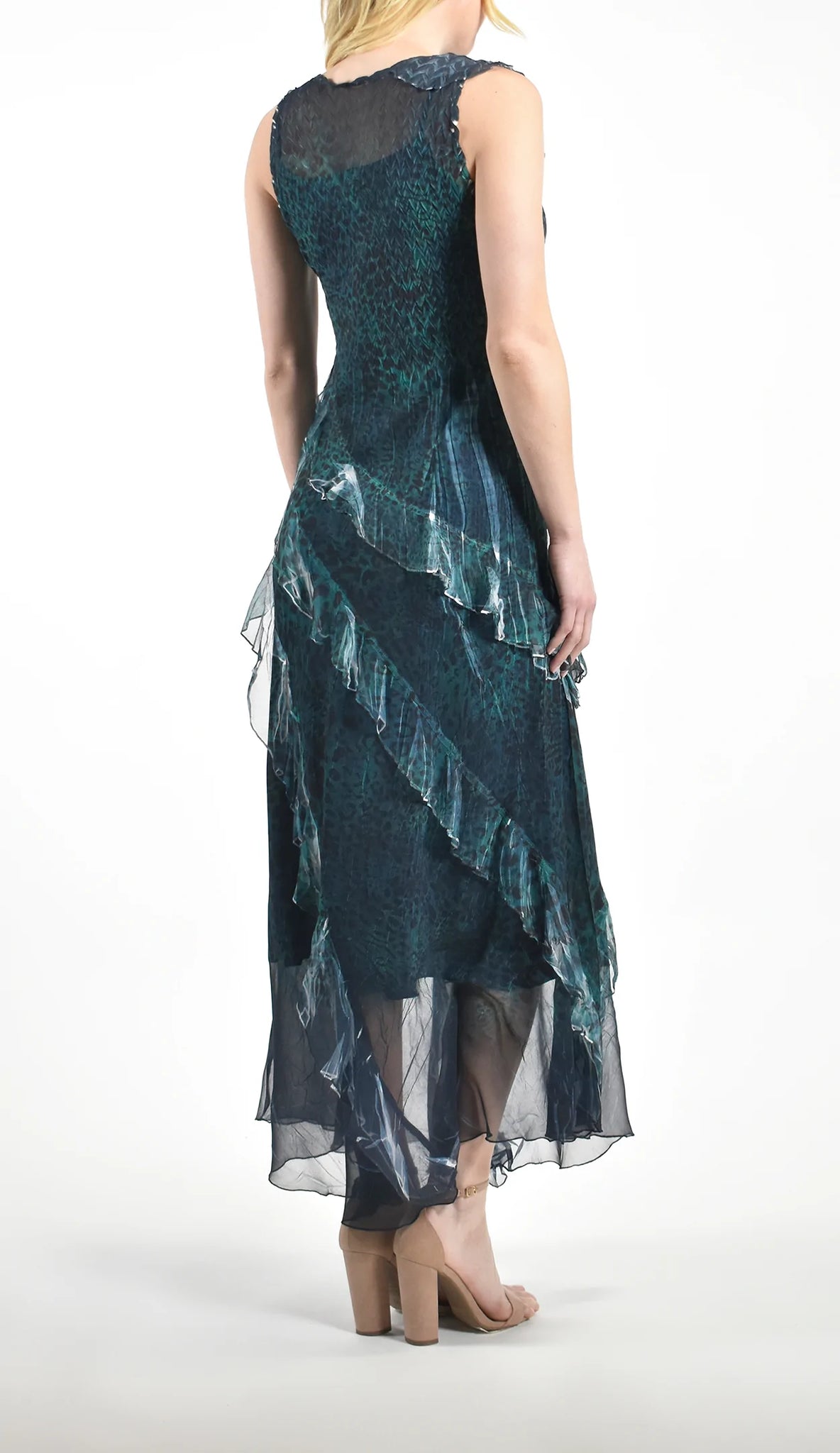 Komarov Teal Leopard Ruffle Long Dress Green Eyed Daisy